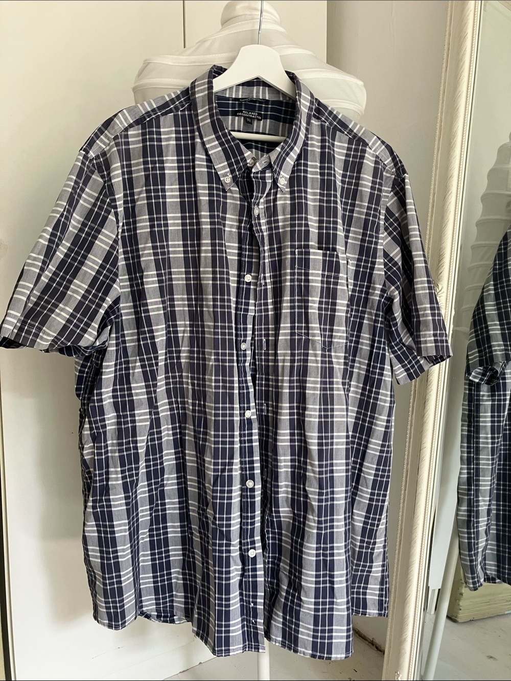 George Navy and White Plaid Short-Sleeve Button-Down Shirt
